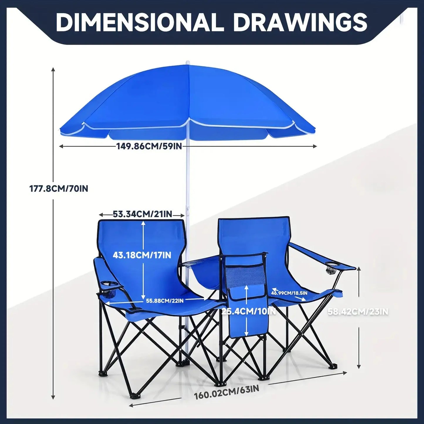 Double Camping Chair with Sunshade – Foldable Outdoor Recliner with Storage