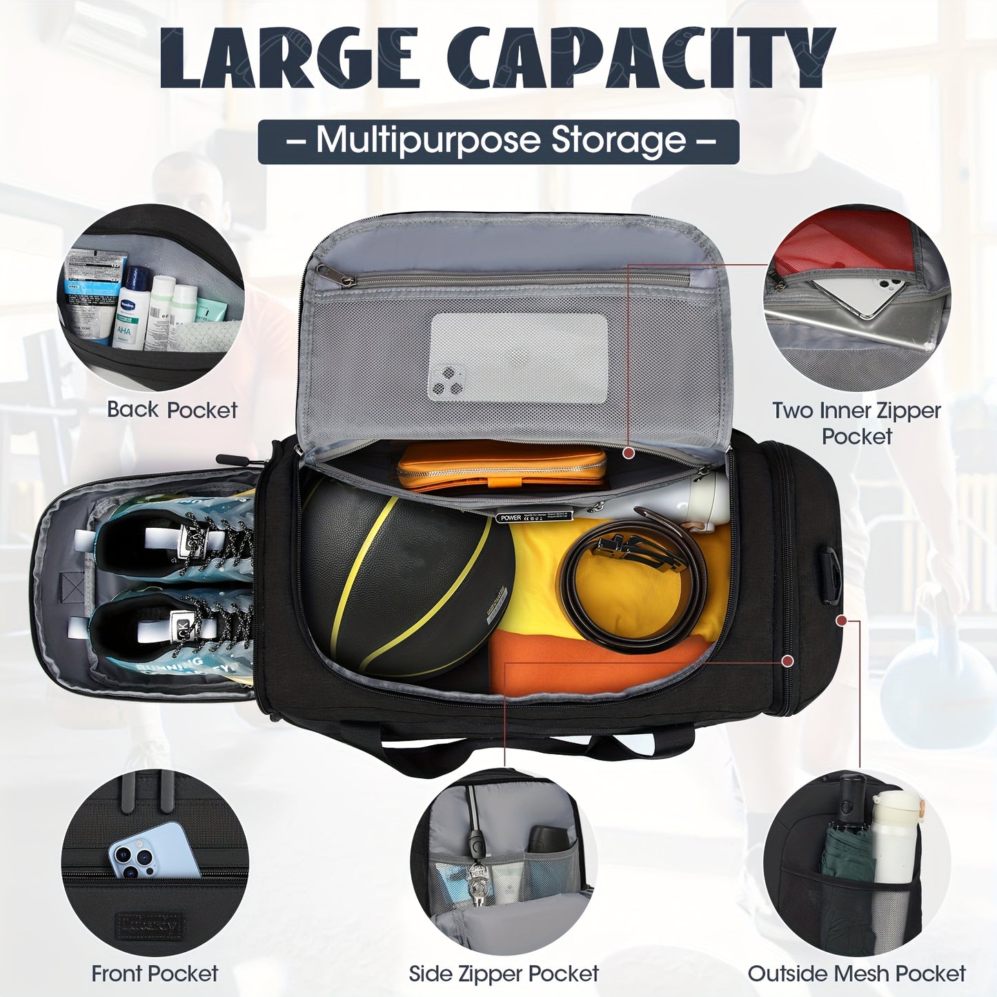 40L/55L Sports & Travel Duffel Bag with Shoe Compartment – Black