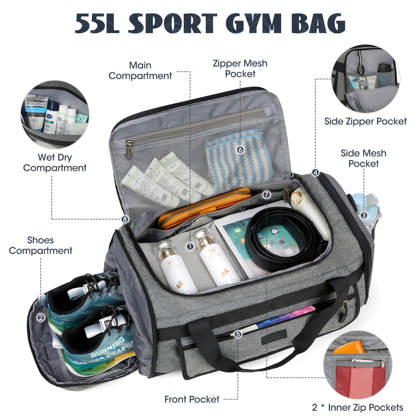 Lightweight 55L Sports & Travel Duffel Bag with Shoe Compartment