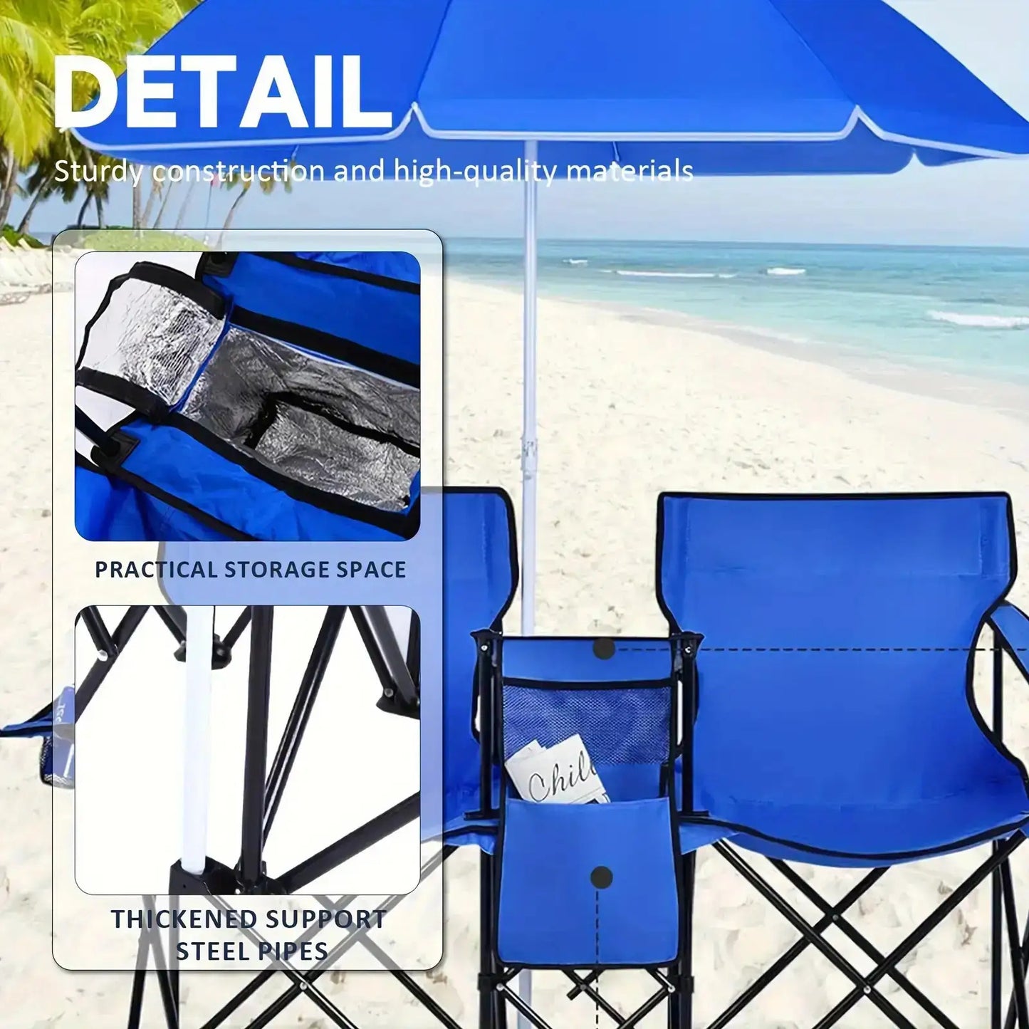 Double Camping Chair with Sunshade – Foldable Outdoor Recliner with Storage