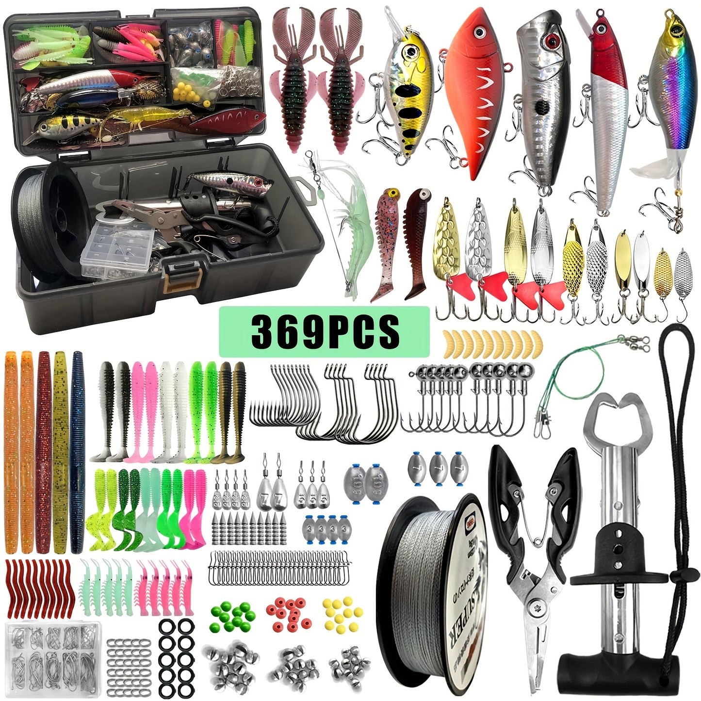 140/369-Piece Fishing Kit with Lures, Hooks, Tools & Storage Box – Saltwater & Freshwater Ready