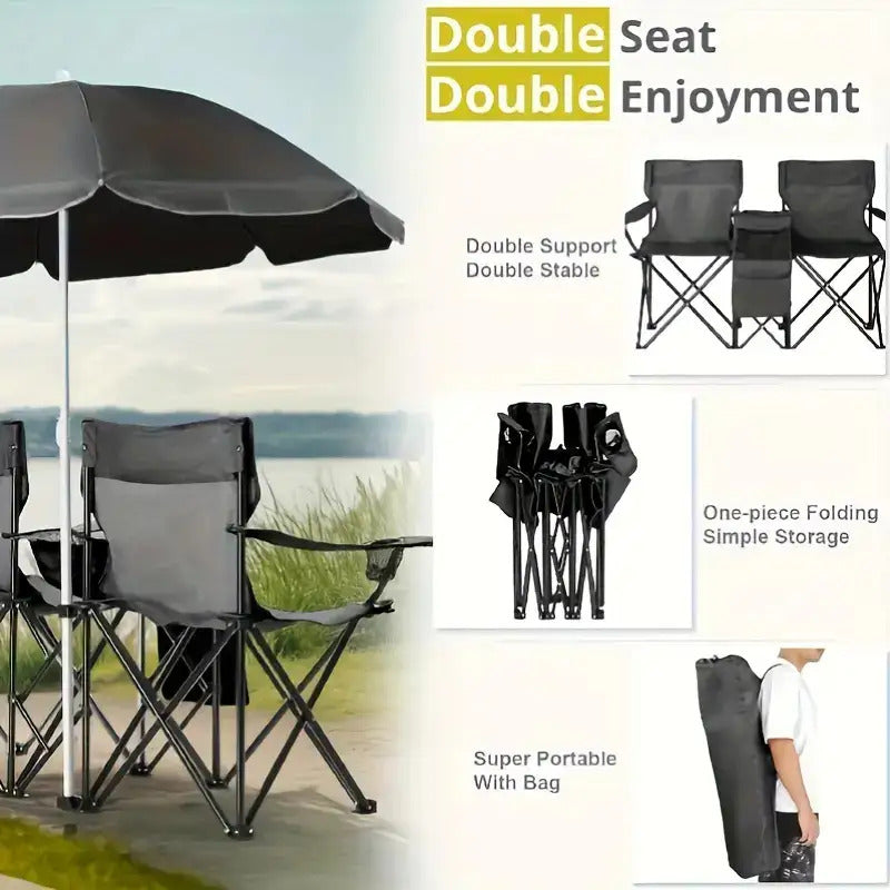 Double Camping Chair with Sunshade – Foldable Outdoor Recliner with Storage