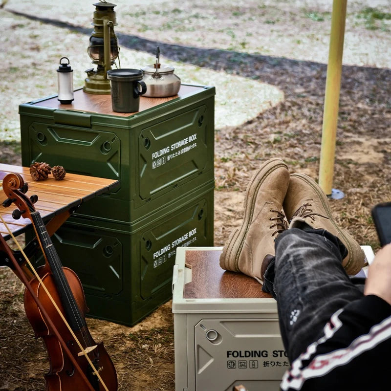 50L Outdoor Folding Storage Box with Wooden Lid – Camping & Picnic Essentials