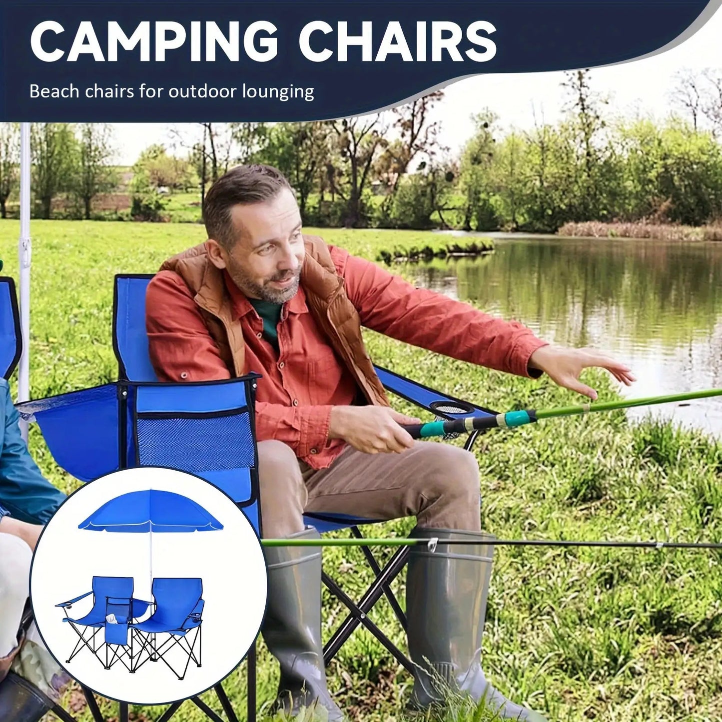 Double Camping Chair with Sunshade – Foldable Outdoor Recliner with Storage
