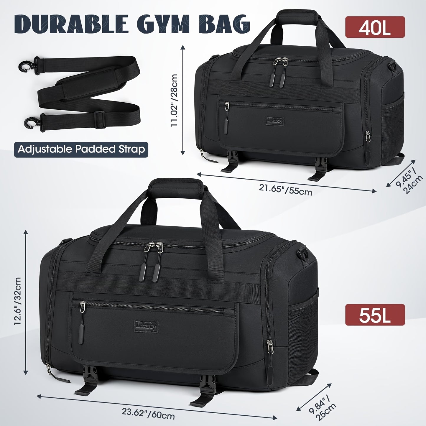 40L/55L Sports & Travel Duffel Bag with Shoe Compartment – Black