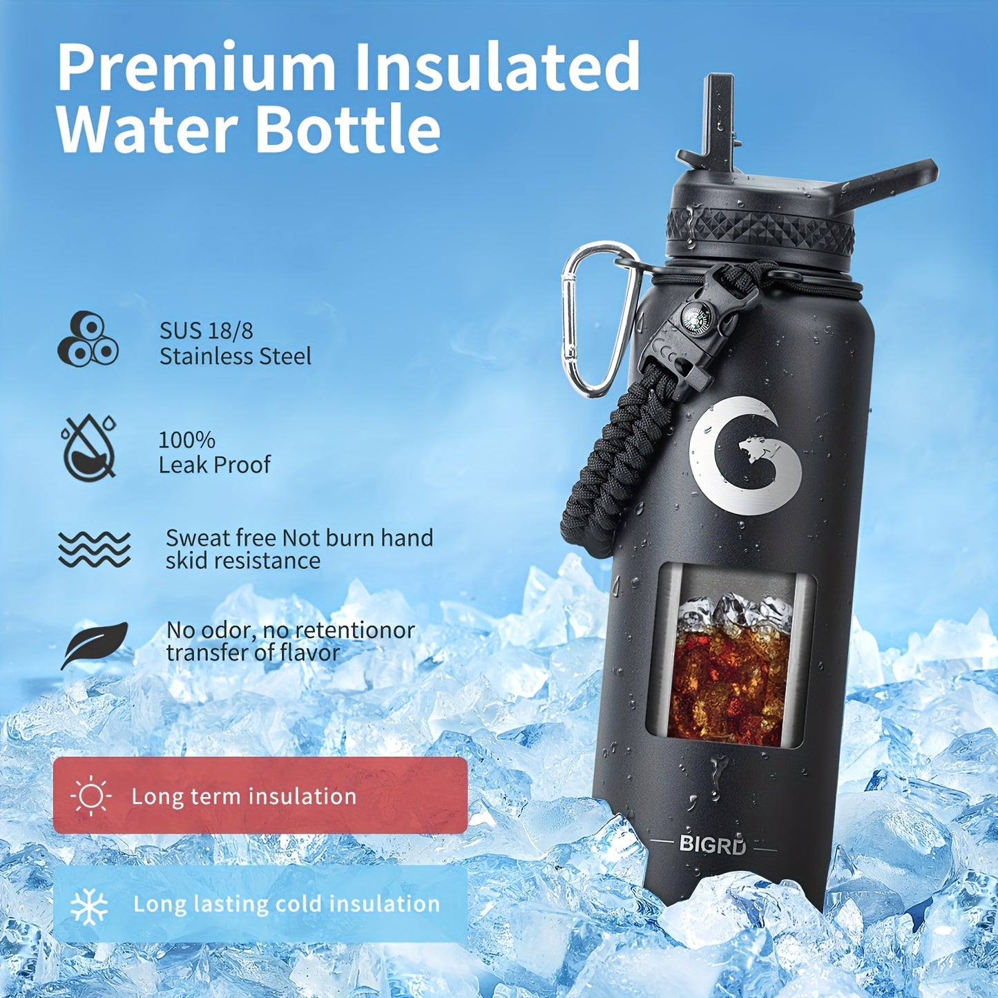 Large Insulated Stainless Steel Water Bottle – 40oz & 64oz with Accessories