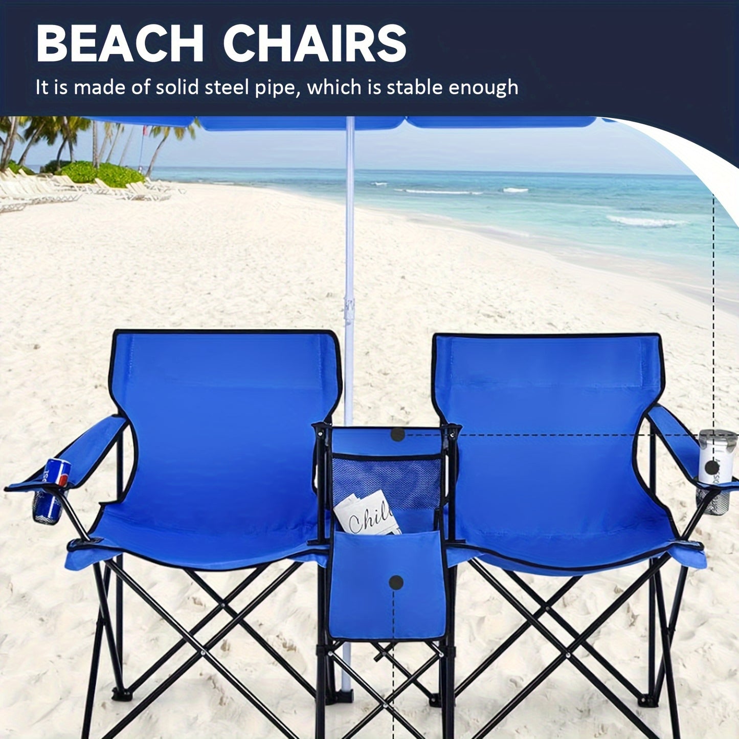 Double Camping Chair with Sunshade – Foldable Outdoor Recliner with Storage