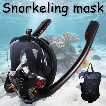 Full Face Snorkeling Mask – 180° Panoramic Dual Tube with Camera Mount – Black