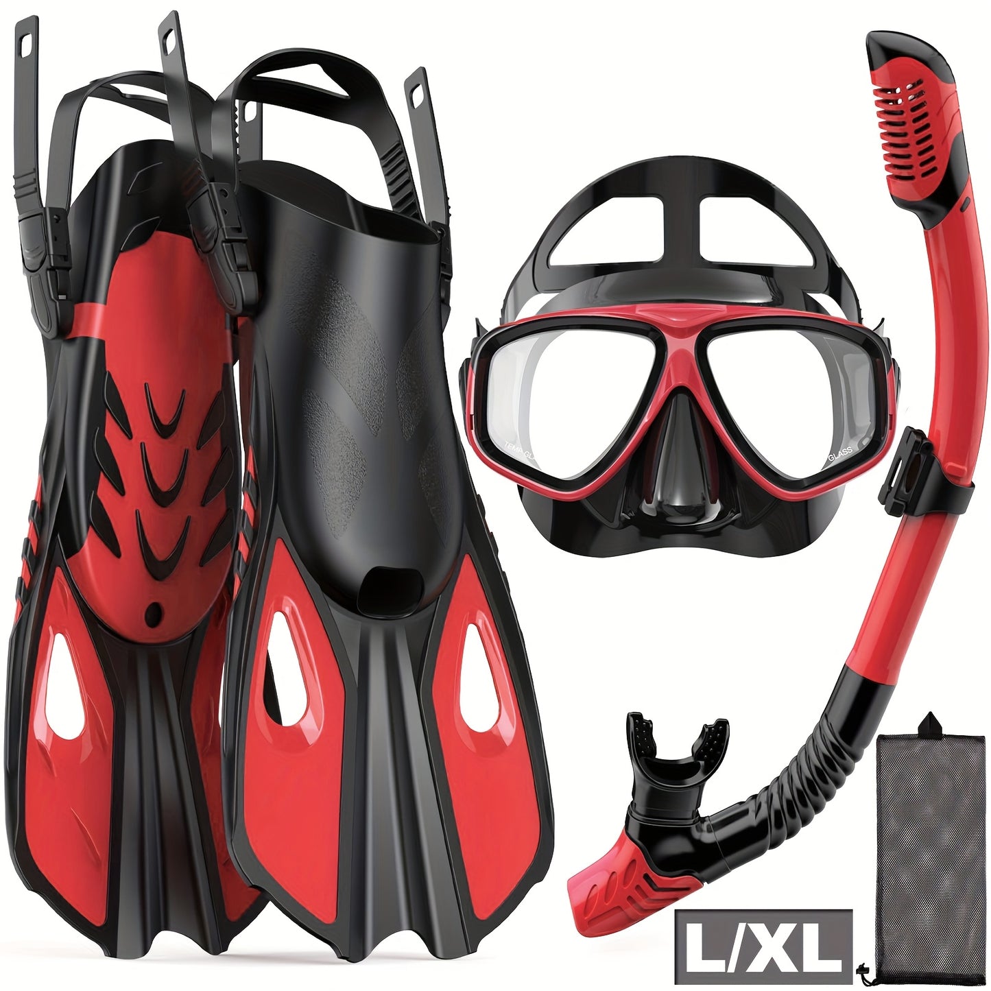 Travel Snorkel Set with Panoramic Mask, Dry Top Snorkel & Adjustable Swim Fins – Black