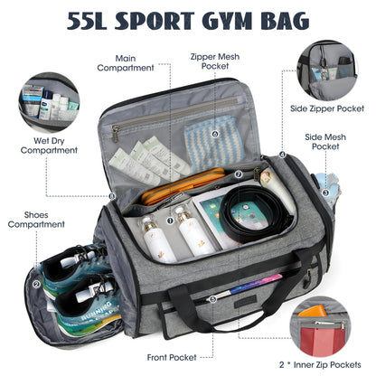 Lightweight 55L Sports &amp; Travel Duffel Bag with Shoe Compartment