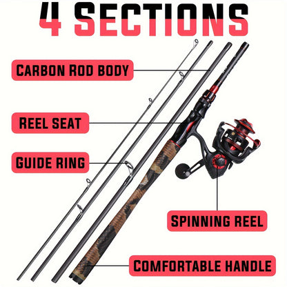 4-Section Carbon Fiber Fishing Rod & Spincast Reel Combo Set – 100m Line, Lures & Tackle