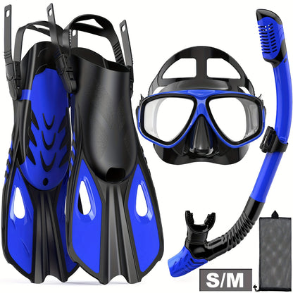 Travel Snorkel Set with Panoramic Mask, Dry Top Snorkel & Adjustable Swim Fins – Black