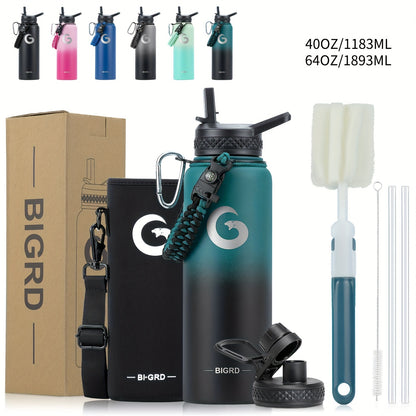 Large Stainless Steel Insulated Water Bottle – Leakproof with Dual Lids &amp; Straws