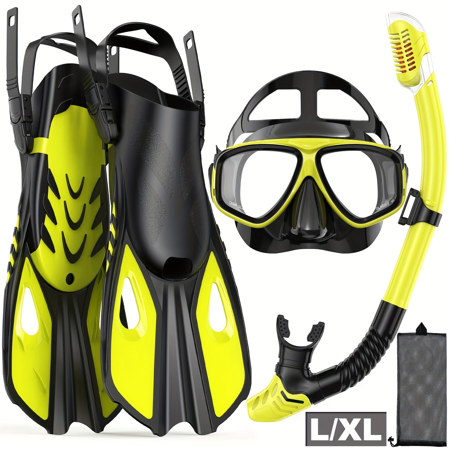 Travel Snorkel Set with Panoramic Mask, Dry Top Snorkel & Adjustable Swim Fins – Black