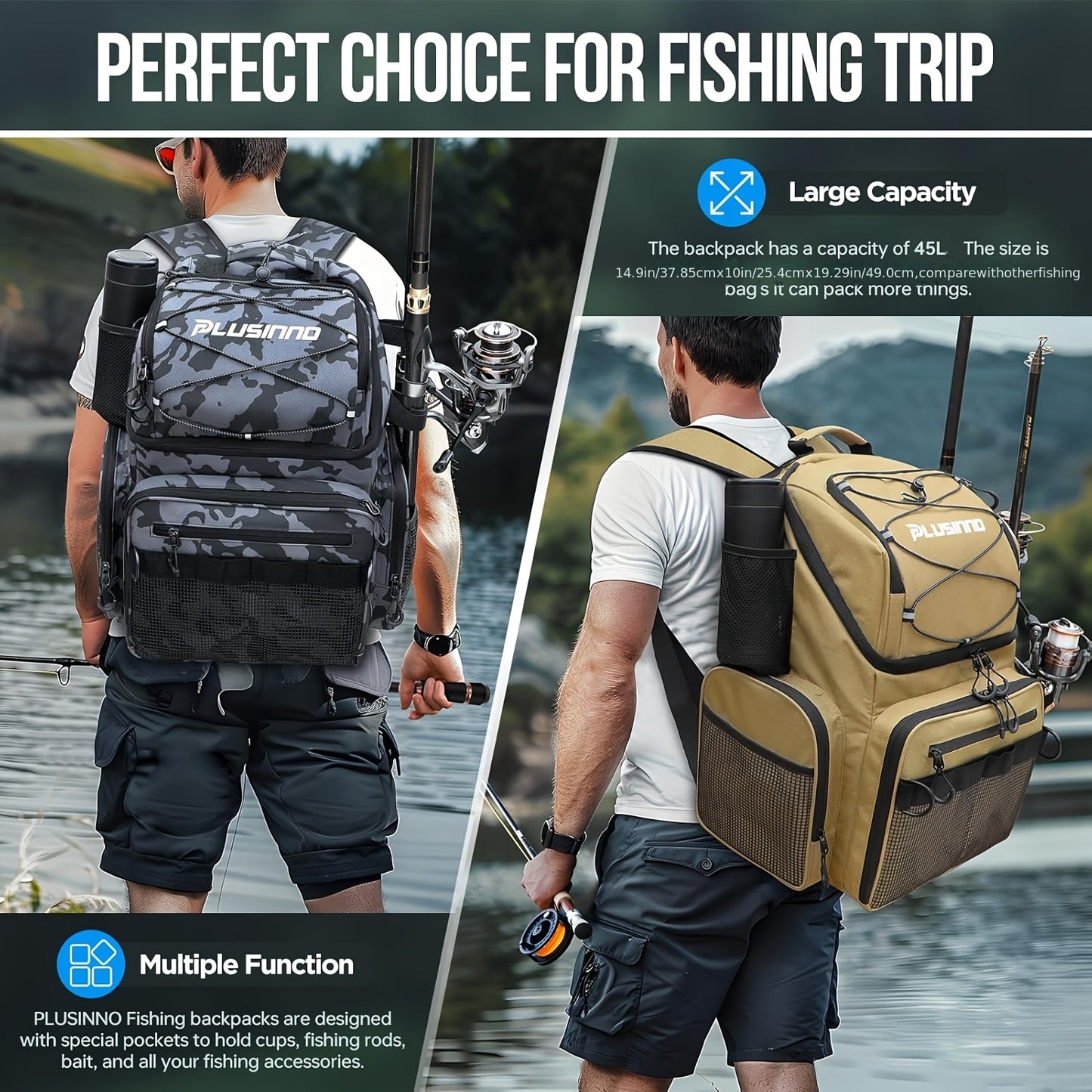 45L Large Capacity Fishing Gear Bag with Rod Holder – Multi-Compartment Outdoor Bag