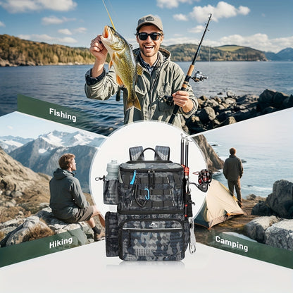 Portable Fishing Tackle Backpack – Large Multi-Compartment Bag with Rod Holder