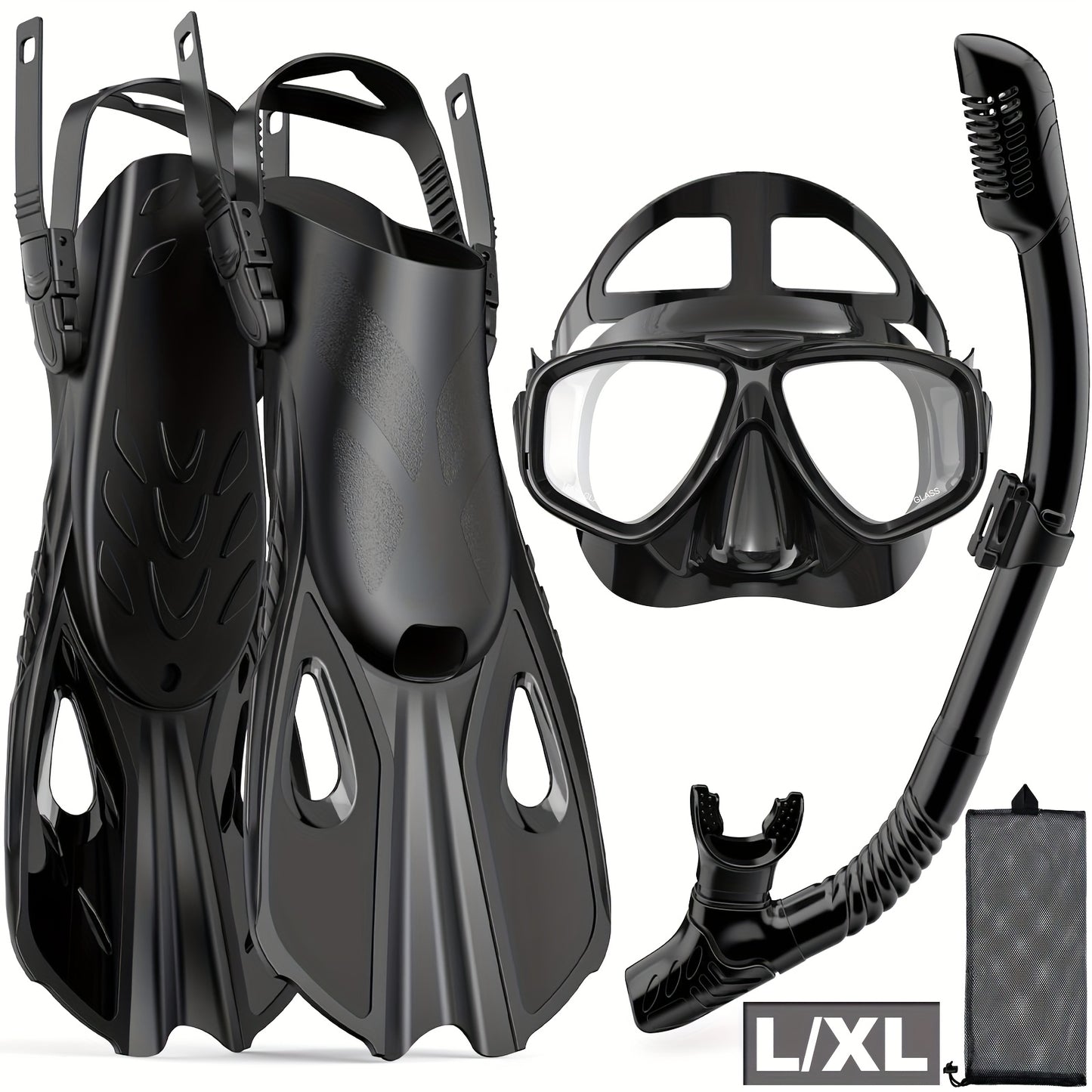 Travel Snorkel Set with Panoramic Mask, Dry Top Snorkel & Adjustable Swim Fins – Black