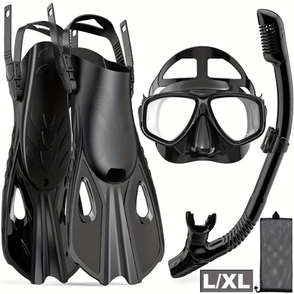 Travel Snorkel Set with Panoramic Mask, Dry Top Snorkel & Adjustable Swim Fins – Black