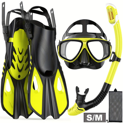 Travel Snorkel Set with Panoramic Mask, Dry Top Snorkel & Adjustable Swim Fins – Black