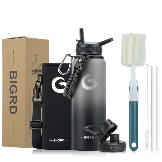 Large Stainless Steel Insulated Water Bottle – Leakproof with Dual Lids &amp; Straws