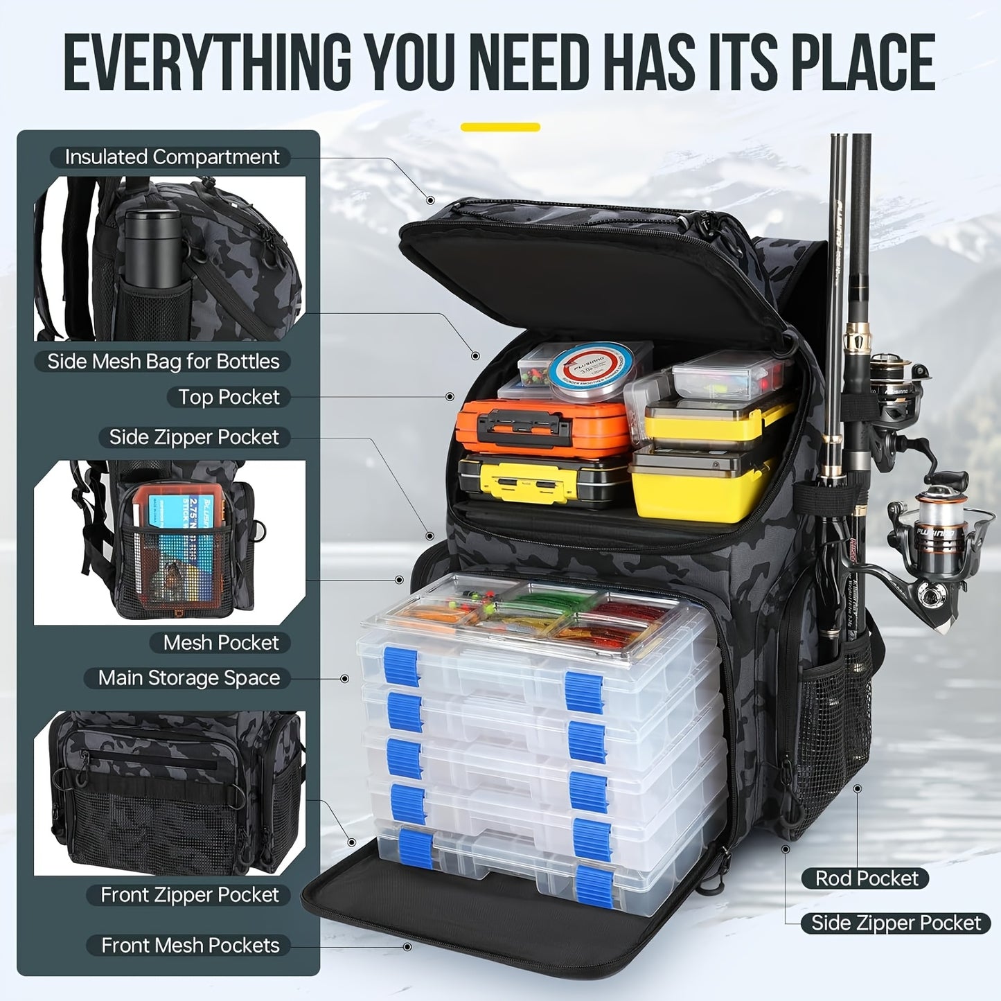 45L Large Capacity Fishing Gear Bag with Rod Holder – Multi-Compartment Outdoor Bag