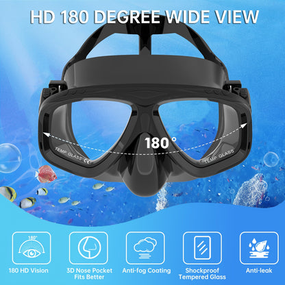 Travel Snorkel Set with Panoramic Mask, Dry Top Snorkel & Adjustable Swim Fins – Black