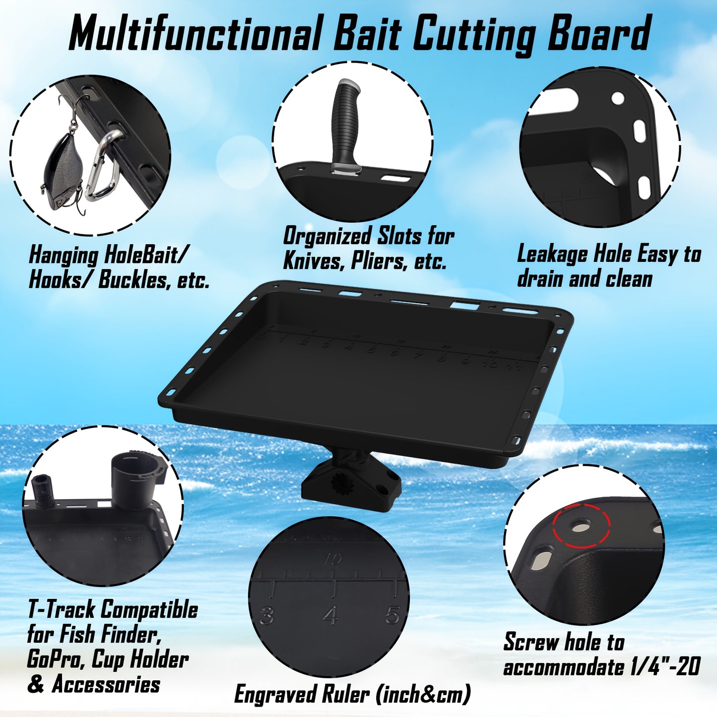 Durable Rotating Fishing Bait Board with Multi-Tool Slots and Ruler