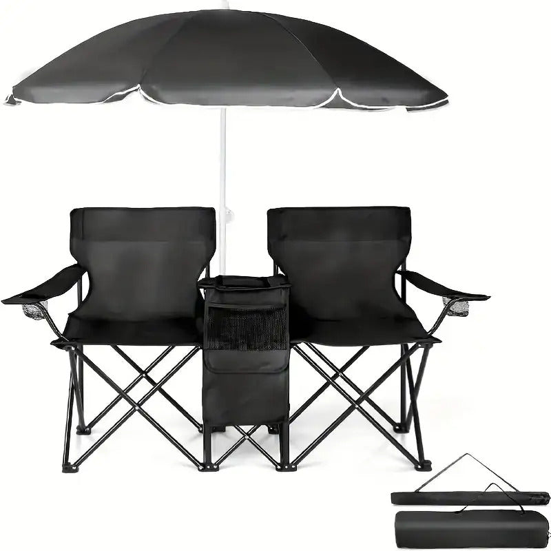 Double Camping Chair with Sunshade – Foldable Outdoor Recliner with Storage