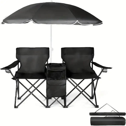 Double Camping Chair with Sunshade – Foldable Outdoor Recliner with Storage