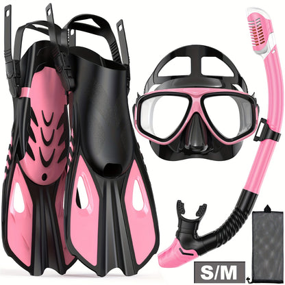 Travel Snorkel Set with Panoramic Mask, Dry Top Snorkel & Adjustable Swim Fins – Black
