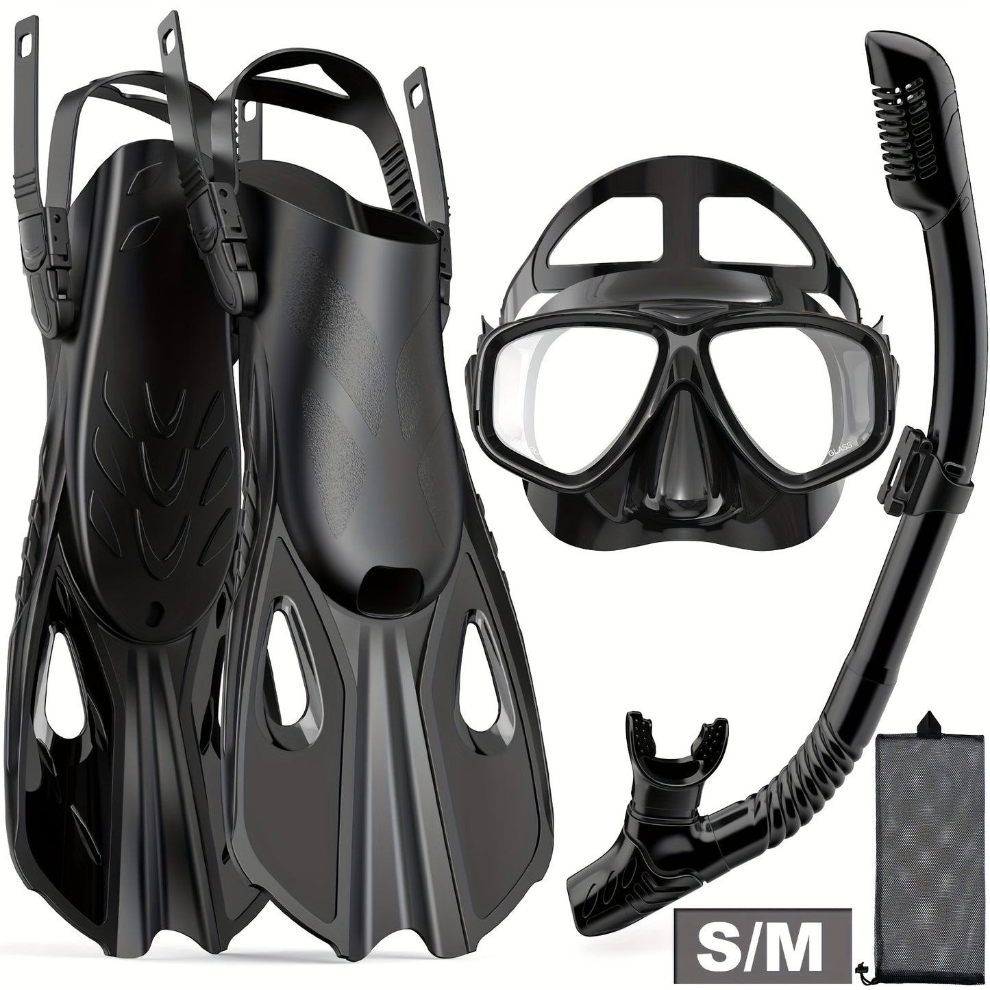 Travel Snorkel Set with Panoramic Mask, Dry Top Snorkel & Adjustable Swim Fins – Black
