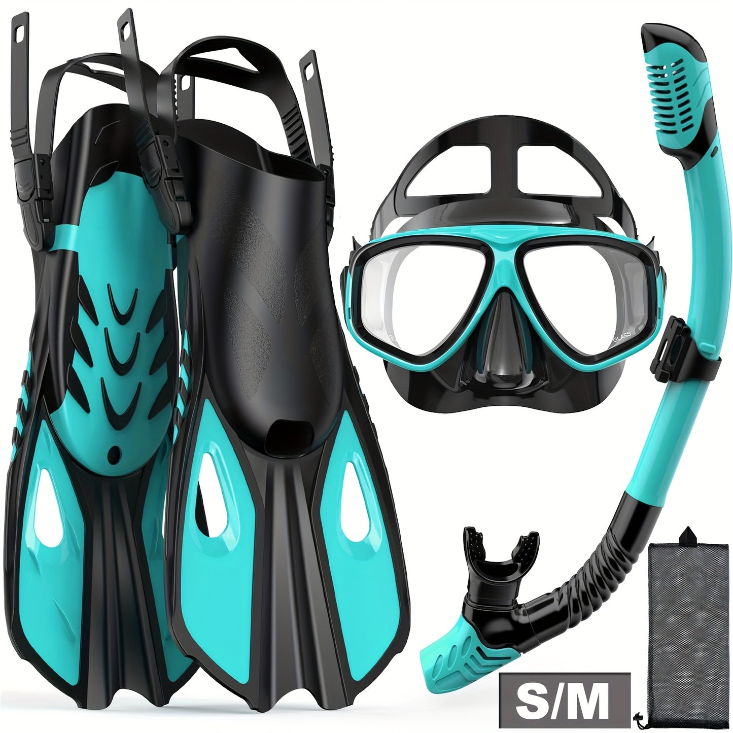 Travel Snorkel Set with Panoramic Mask, Dry Top Snorkel & Adjustable Swim Fins – Black