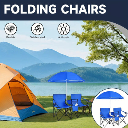 Double Camping Chair with Sunshade – Foldable Outdoor Recliner with Storage