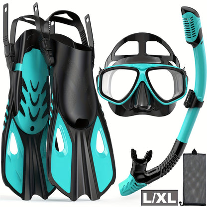 Travel Snorkel Set with Panoramic Mask, Dry Top Snorkel & Adjustable Swim Fins – Black