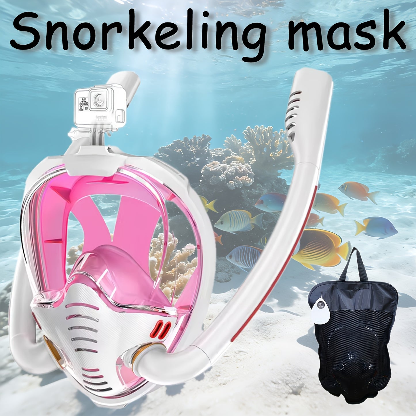 Full Face Snorkeling Mask – 180° Panoramic Dual Tube with Camera Mount – Black