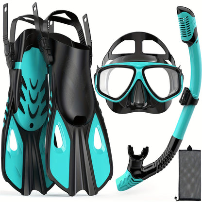 Travel Snorkel Set with Panoramic Mask, Dry Top Snorkel & Adjustable Swim Fins – Black