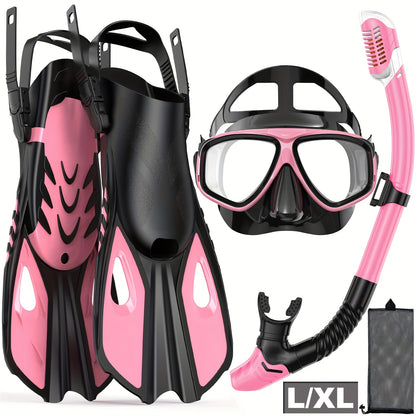 Travel Snorkel Set with Panoramic Mask, Dry Top Snorkel & Adjustable Swim Fins – Black
