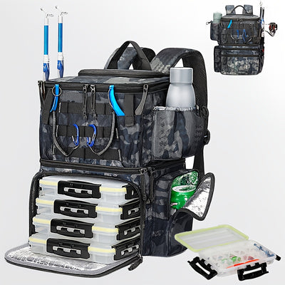 Portable Fishing Tackle Backpack – Large Multi-Compartment Bag with Rod Holder