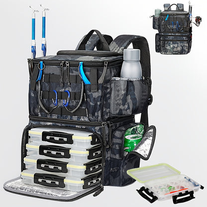 Portable Fishing Tackle Backpack – Large Multi-Compartment Bag with Rod Holder