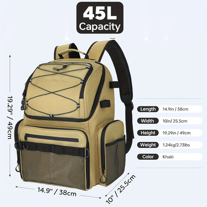 45L Large Capacity Fishing Gear Bag with Rod Holder – Multi-Compartment Outdoor Bag