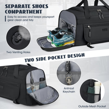 40L Sports &amp; Travel Duffel Bag with Shoe Compartment – Black