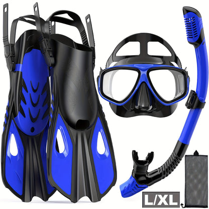 Travel Snorkel Set with Panoramic Mask, Dry Top Snorkel & Adjustable Swim Fins – Black