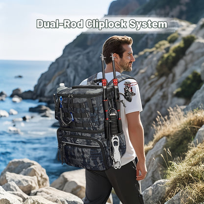 Portable Fishing Tackle Backpack – Large Multi-Compartment Bag with Rod Holder