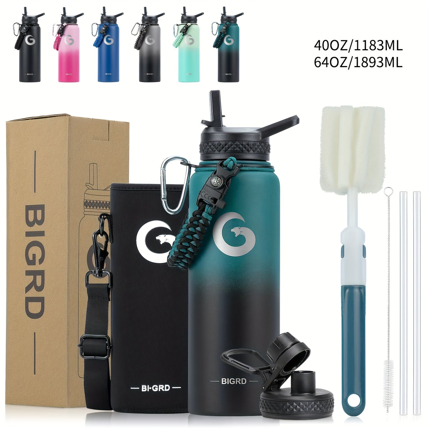 Large Insulated Stainless Steel Water Bottle – 40oz &amp; 64oz with Accessories