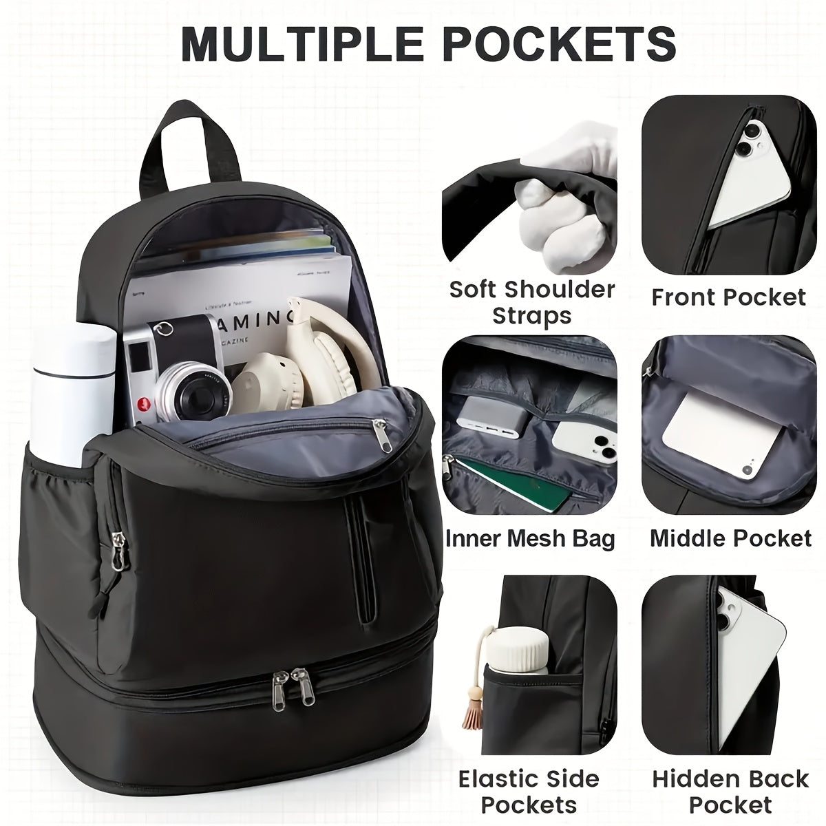 Stylish Black Backpack with Shoe Compartment