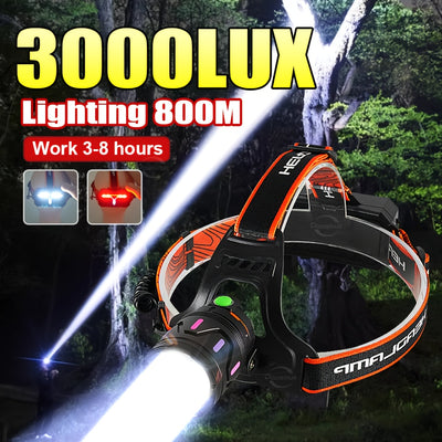 Ultra-Bright LED Headlamp – USB Rechargeable, 3000 Lumens, 800m Beam, Adjustable Zoom for Fishing, Hunting, and Outdoor Adventures