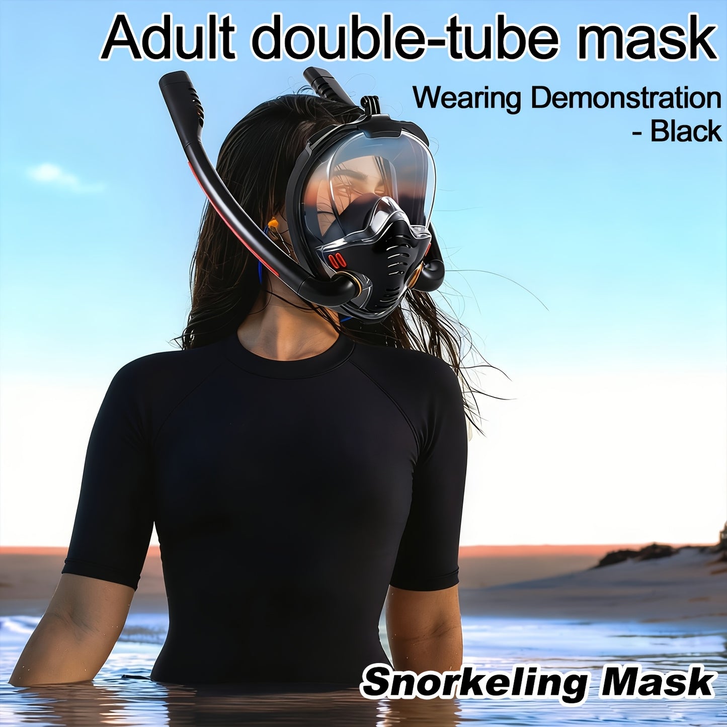 Full Face Snorkeling Mask – 180° Panoramic Dual Tube with Camera Mount – Black