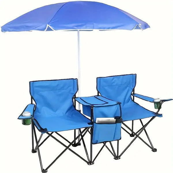 Double Camping Chair with Sunshade – Foldable Outdoor Recliner with Storage