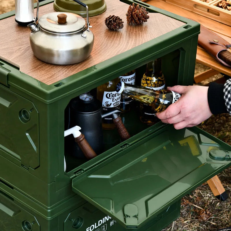 50L Outdoor Folding Storage Box with Wooden Lid – Camping &amp; Picnic Essentials