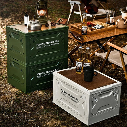50L Outdoor Folding Storage Box with Wooden Lid – Camping &amp; Picnic Essentials